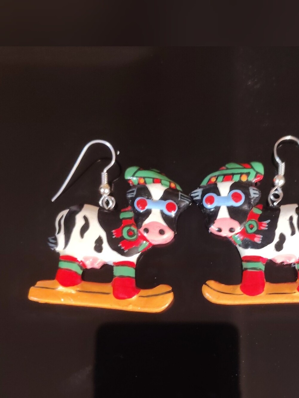 Festive Cow Ski Earrings - Black, White & Red Kids Accessory